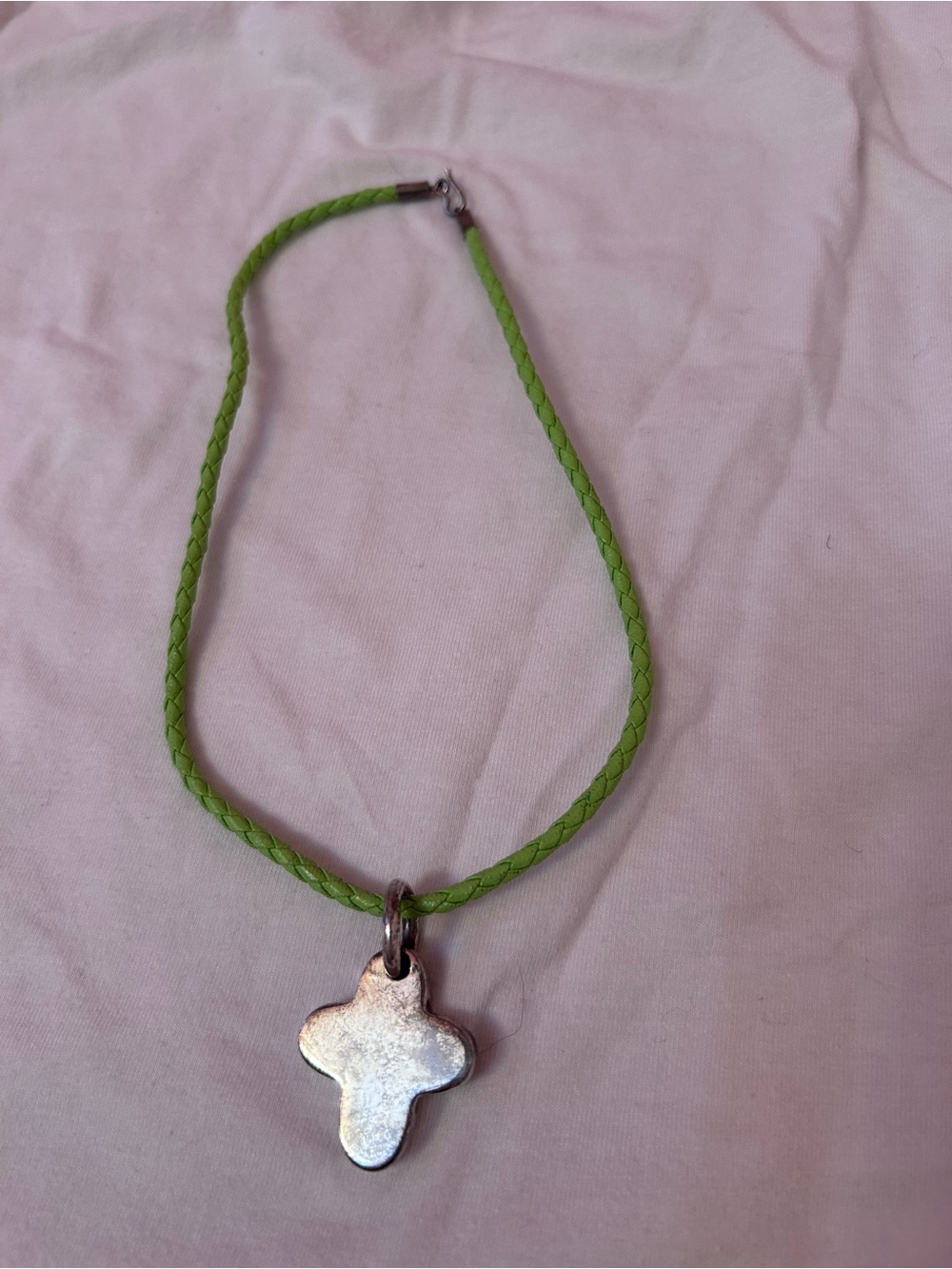 Green Braided Cord Necklace with Silver Cross Pendant